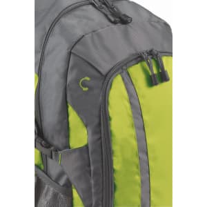 A grey and lime green backpack with zippers and a mesh pocket, featuring a logo.