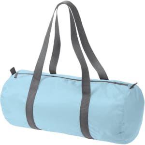A light blue duffle bag with grey handles and a zip closure, also featuring a logo on the side.