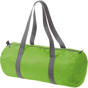 A bright green duffle bag with grey straps and a zippered closure. It features a logo on the side.