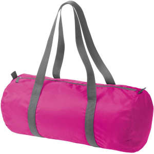 A bright pink duffle bag with grey handles and a zip closure, featuring a logo on the side.