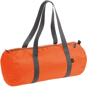 An orange sports bag with grey straps, featuring a cylindrical shape and a zip closure. It has a logo.