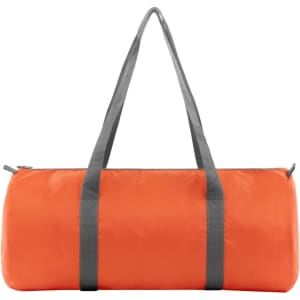 An orange duffle bag with grey straps and a zip closure, featuring a logo on the side.