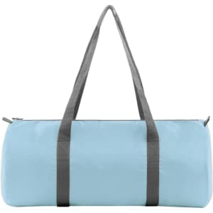 A light blue duffle bag with grey handles and a zip closure. The bag features a logo.