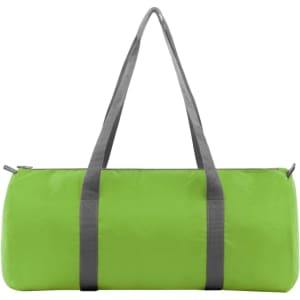 A vibrant green duffle bag with grey straps and a logo, featuring a cylindrical design and zip closure.