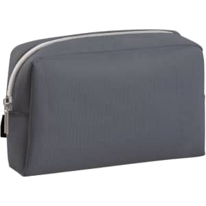 A grey zipper bag with a solid construction and a silver zipper, featuring a branding logo.