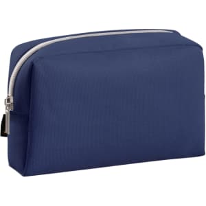 A navy zipper bag with a solid design and a silver zip, featuring a logo on one side.