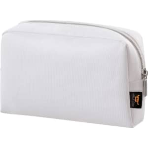 A white zipper bag with a smooth surface and a logo on the side, featuring a zip closure.