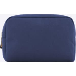 A navy blue zipper bag with a simple design and a gold-tone zipper, featuring a branding logo.