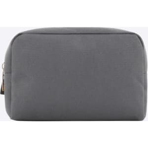 A grey zipper bag with a simple, minimalist design and a logo on the side.