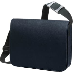 A navy blue courier bag with a flap and an adjustable strap, featuring a logo on the front.