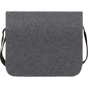A grey satchel bag made of felt material with a black adjustable strap and a logo on it.
