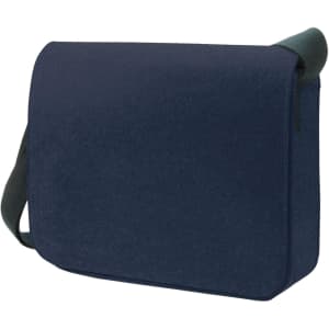 A navy blue messenger bag with a shoulder strap and a smooth finish. It includes a logo on the front.