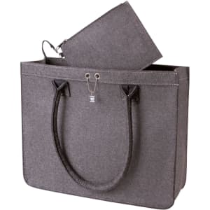 A grey tote bag with two handles and a matching pouch inside. The bag has a logo on it.
