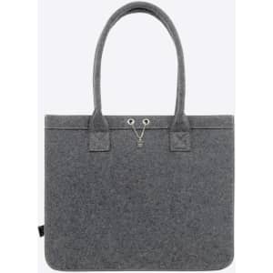 A grey tote bag with two handles and a decorative logo, made from felt material.