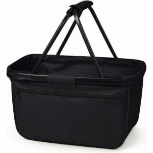 A black shopper bag with a sturdy frame and handle, featuring a zippered pocket on one side.