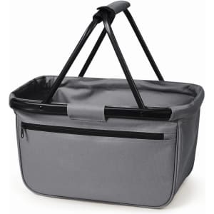 A grey shopping basket with black handles and a zippered front pocket. It has a sturdy design for carrying items.