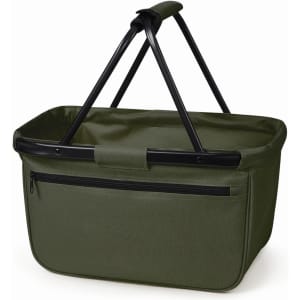 A green fabric shopping basket with black handles and a zippered pocket. It has a logo on one side.