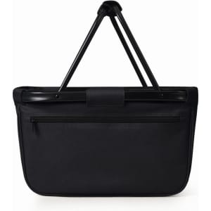 A black shopper bag with a zippered pocket and a sturdy handle. Features a simple, minimalist design.
