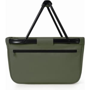 An olive green shopping bag with a black handle and a zippered pocket on the front. It has a logo on it.