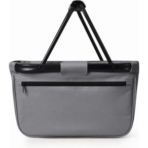 A grey shopping bag with a black handle and a zippered pocket on the back, featuring a branding logo.