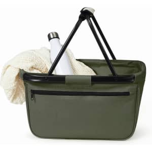 A green shopper bag featuring a silver drink bottle and a light-coloured woven item inside. The bag has a zippered pocket.