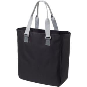 A reusable grocery bag in black with grey handles, featuring a simple design and sturdy construction.