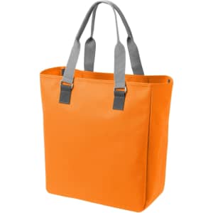 An orange reusable grocery bag with grey handles, featuring a structured design and a logo on the front.