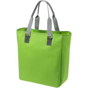 A reusable grocery bag in vibrant green with grey handles and a simple design. Features a logo.