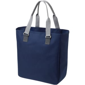 A navy blue reusable grocery bag with grey handles and a simple design. It features a logo on one side.