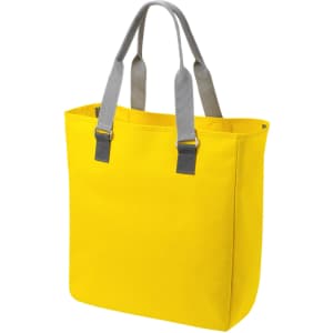 A yellow reusable grocery bag with grey handles, featuring a simple design and ample storage space.