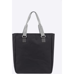 A black reusable grocery bag with grey handles, featuring a simple design and a logo on one side.