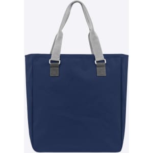 A reusable grocery bag in navy blue with grey straps and a logo on the front. Suitable for shopping and carrying items.