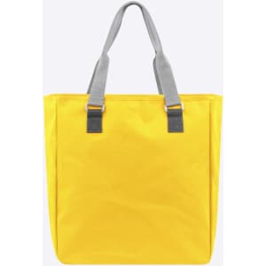 A yellow reusable grocery bag with grey straps and a simple, sleek design. It features a logo on one side.
