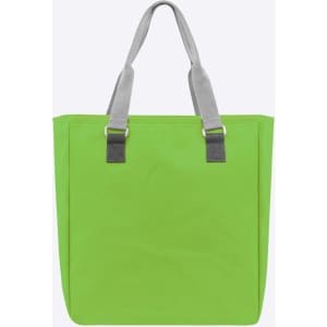 A green reusable grocery bag with grey handles and a simple design. The bag features a logo on one side.