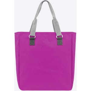 A reusable grocery bag in vibrant pink with grey straps, featuring a simple design and a logo.
