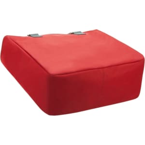 A red reusable grocery bag with a flat base and two carrying handles, featuring a logo on the side.