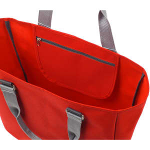 A red reusable grocery bag featuring grey handles and a zippered inner pocket.