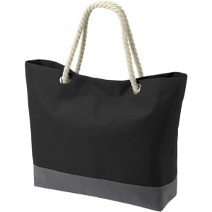 A black tote bag with a grey bottom and rope handles, featuring a branding logo.