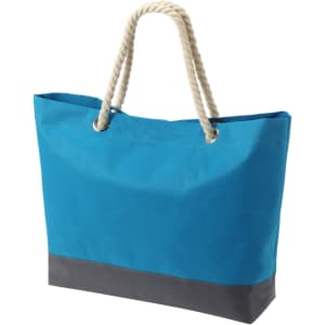 A large blue bag with a grey bottom and rope handles, featuring a logo on the front.