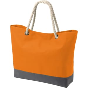 An orange tote bag with a grey bottom and rope handles. Features a logo.