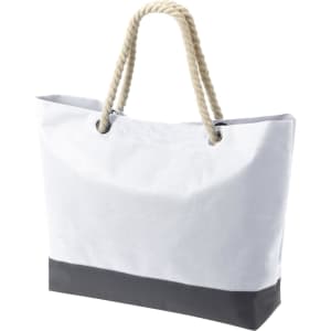 A white tote bag with a black base and rope handles. It features a logo on the front.