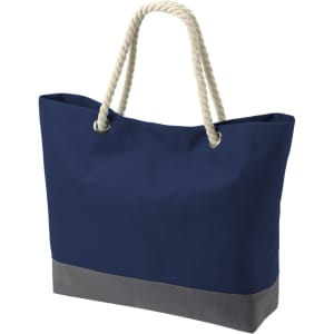 A navy blue tote bag with a grey bottom and rope handles. The bag features a logo on its side.