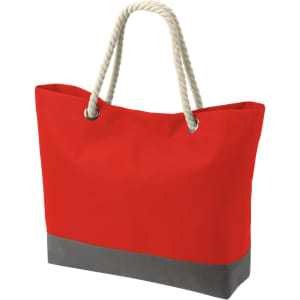 A red tote bag with a grey bottom and rope handles, featuring a logo on the side.