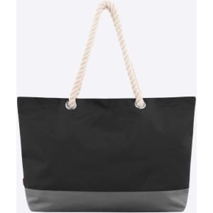 A large black bag with a grey base and a rope handle. It features a logo on the side.