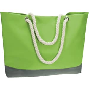 A large green tote bag with a grey bottom and white rope handles. The bag features a branding logo.