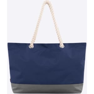 A large navy blue bag with a grey bottom and a rope handle. It features a logo.