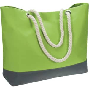 A green tote bag with a grey bottom and white rope handles. The bag has a branding logo on it.