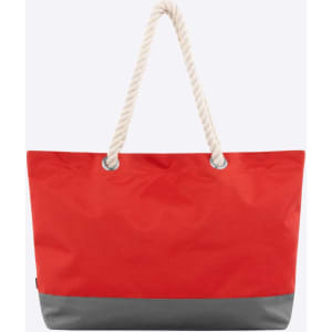 A red and grey tote bag with a rope handle and a simple design, featuring a logo.