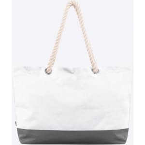 A large white and grey tote bag with rope handles and a branding logo.