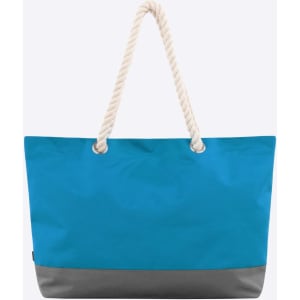A turquoise tote bag with a grey bottom and white rope handles. It features a branding logo.